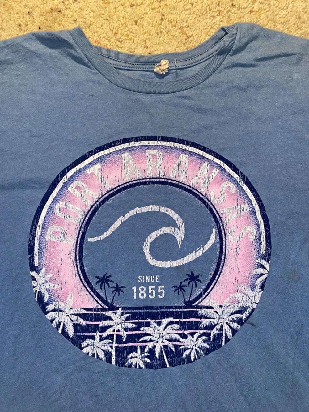 Vintage Port Aransas Texas Graphic Tee Shirt Blue Palm Trees Wave Beach Coastal